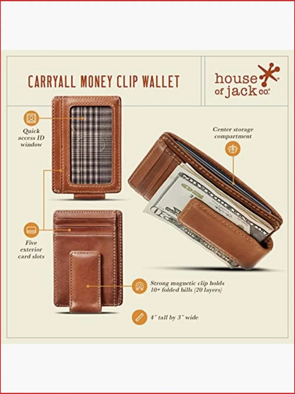 Slim Money Clip Wallet with Magnetic Clip, Full Grain Leather, 9 Card Holder,
